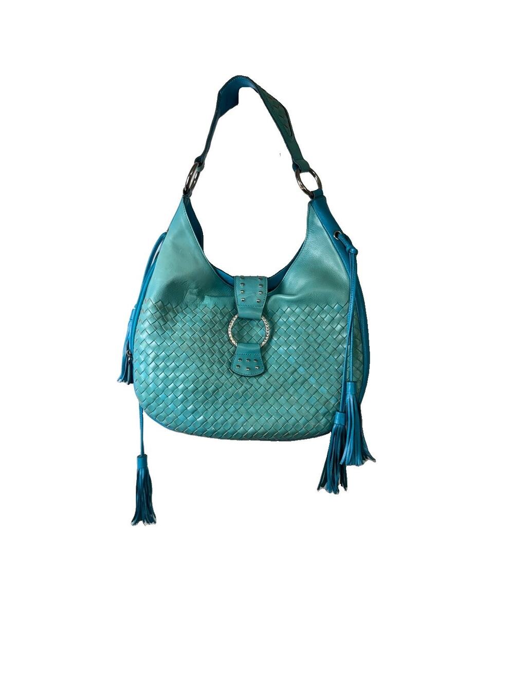 NWOT Vintage Y2K Studio Sharif Turquoise Woven Leather Fringe Hobo Shoulder Bag